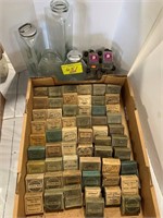 GROUP OF ANTIQUE CRUDE DUG BOXES, GLASS HAIR CARE