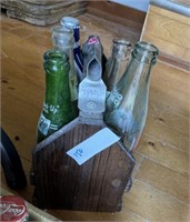 WOODEN CARRIER AND BOTTLES