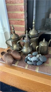 4 antique brass tea pot kettles, and a large