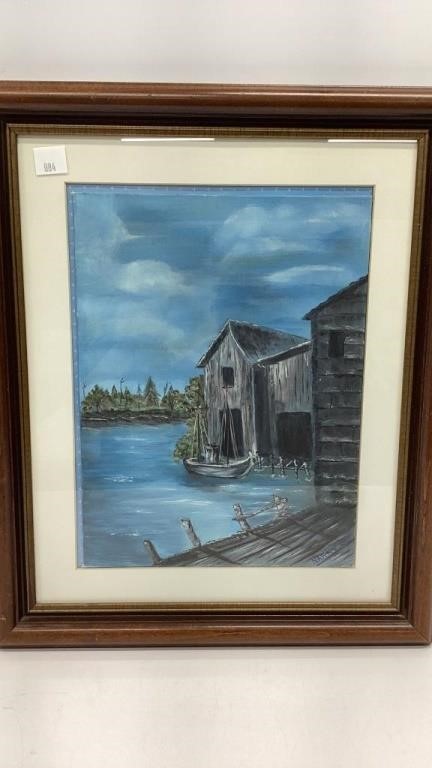 Original oil/acrylic on canvas of boat slip dock,