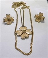 Enameled Dogwood Blossom Necklace & Clip Earrings