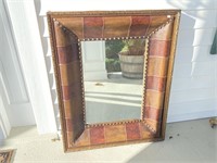Large Leather Wrapped Mirror with Wooden Frame