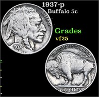 1937-p Buffalo Nickel 5c Grades vf+