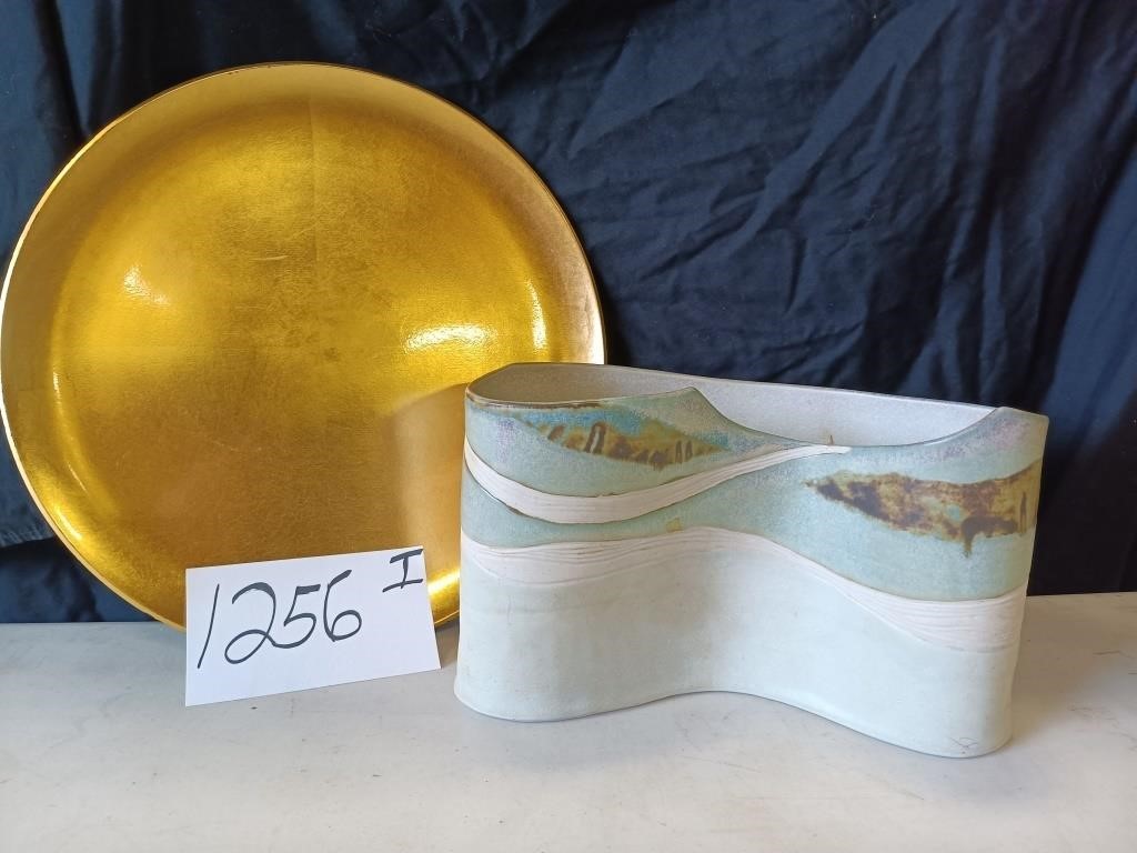 Pottery Planter & Gold Toned Laquerware Tray