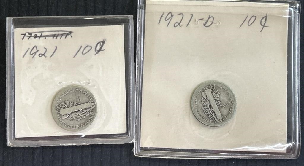 2 Silver Mercury Dimes US Coin Lot 1921, 21D
