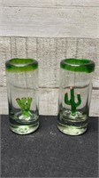 2 Blown Glass Cactus Shot Glasses 4"