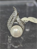 .925 STAMPED PEARL & GEMSTONE RING SIZE 6
