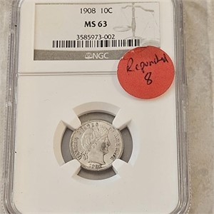 1908 NGC MS63 Barber Dime with Repunched Date