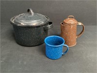 Enamel Ware Teapot, Mug & Covered Bowl