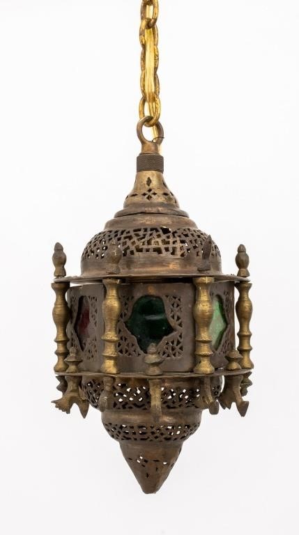 Moroccan Pierced Brass & Glass Hanging Lantern