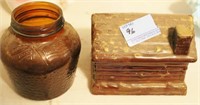 LOG CABIN CERAMIC BANK AND "BETSY ROSS" BROWN JAR