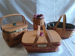4 Longaberger baskets with bail handles, wine