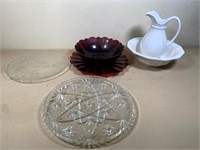 stoneware pitcher & bowl, glass platters & more
