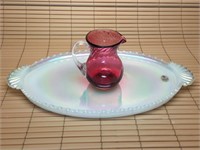 FENTON OPALESCENT TRAY AND CRANBERRY PITCHER