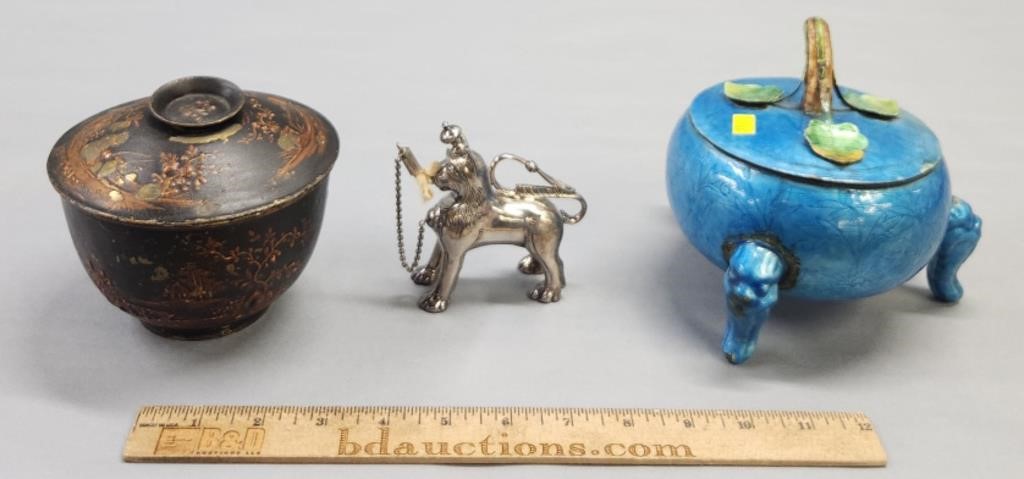 Asian Enamel & Silverplate Boxes & Figure