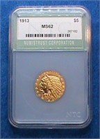 1913 INDIAN  $5.00 GOLD COIN, GRADED MS62