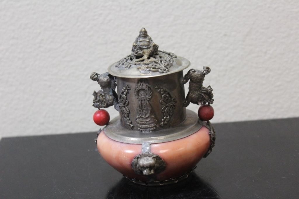 A Chinese Stone and Metal Container