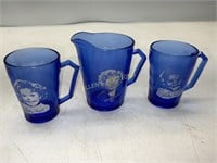 3  COBALT BLUE SHIRLEY TEMPLE CUPS AND PITCHER