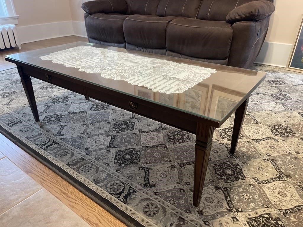 Wood coffee table with glass top 20 x 48 x 16”t