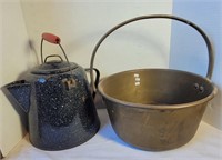 GRANITEWARE COFFEE POT BRASS APPLE CIDER KETTLE PO