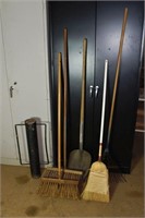 Tool lot: post pounder, 3 brooms, shovel, rake; as