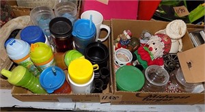 2 BOX LOTS OF GLASSWARE AND MUGS WITH LIDS