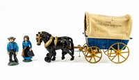 Cast Iron Pioneers With Covered Wagon Toy