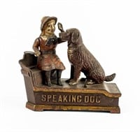Vintage 1885 Cast Iron Speaking Dog Bank Toy