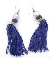 Lavender pearl and 9ct white gold tassle earrings