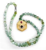 Green jade necklace with 14ct gold enhancer