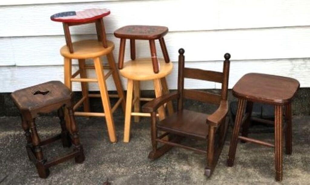 Wood Stools & Child's Rocking Chair