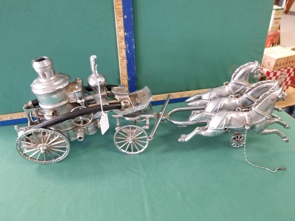 NICKEL PLATED CAST IRON FIRE WAGON W/ 3 HORSES