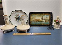 Home Decor: Candle Holders, Tray, Bird Plate, Bell