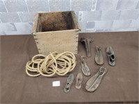 Wood crate, rope, cast iron cobbler shoe molds