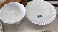 MILK  GLASS ELIVATED CAKE DISH & BOWL