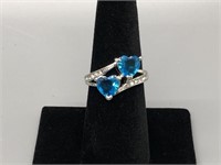 Double Heart Blue Topaz and Diamond Ring