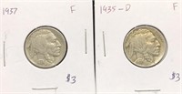 Pair of Vintage Buffalo Nickel coins graded F