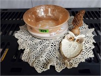 Fire King luster bowl, owl trivet, plates, carved