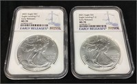 (2) 2021 SILVER AMERICAN EAGLES, MS70, TYPE 2
