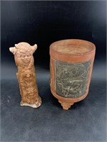 Mexican pottery pot, Aztec design and a cast totem