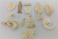 13 pc carved bone & ivory charms and pendants
