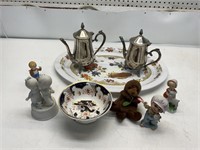 TRAY   TEA POTS   FIGURINES  BOWL AND PLATTER