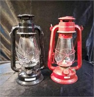 2 oil lamp reproductions, tallest lamp is 12"