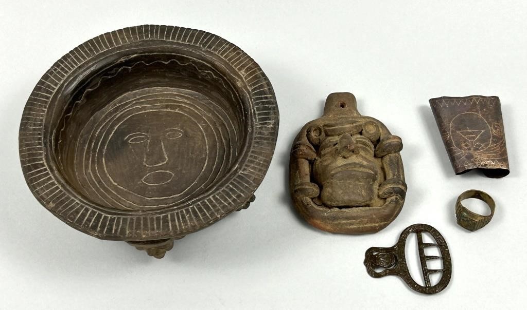 Early Columbian Bowl & Pendant, Ring, Buckle.
