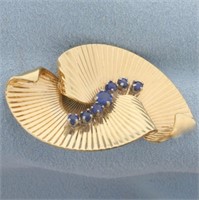 Unique Fan Design Sapphire Pin in 14K Yellow Gold