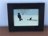 BOY IN SNOW PULLING SLED AND CAT