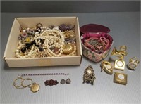 Group vintage jewelry, etc incl. miniature clocks,