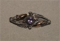 Vtg Sterling/Gold Accents Bar Pin w/ Amethyst