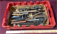 Tote With Vintage Pipe Wrenches, Clamps, etc.