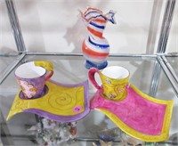 Aladin cup and saucers, art glassware vase